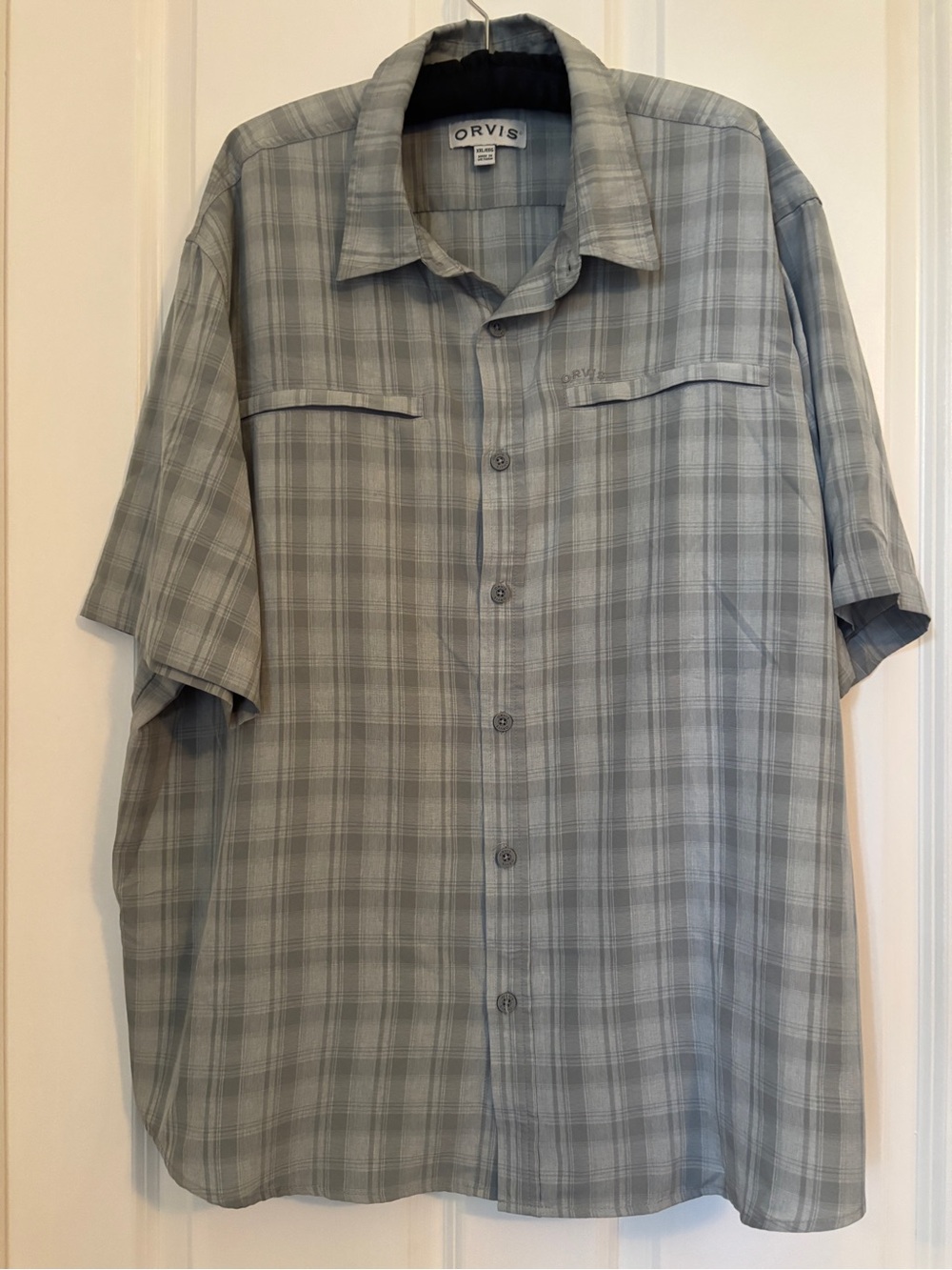 Orvis - Men's Light Gray Plaid Short-Sleeve Button-Up Shirt. Size XXL Polyester